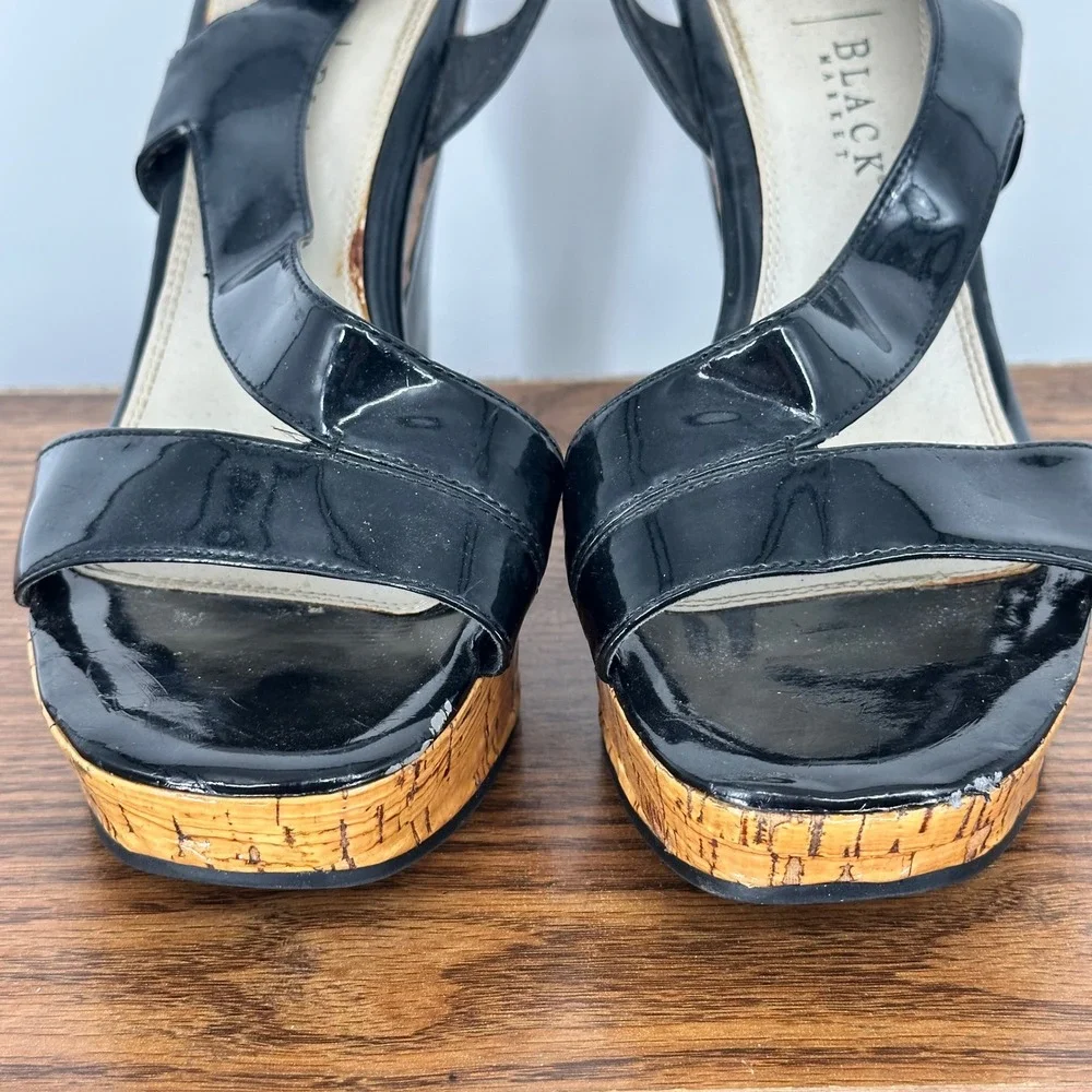 White House Black‎ Market Womens Black Patent Cork Platform Wedge Sandals 8.5M